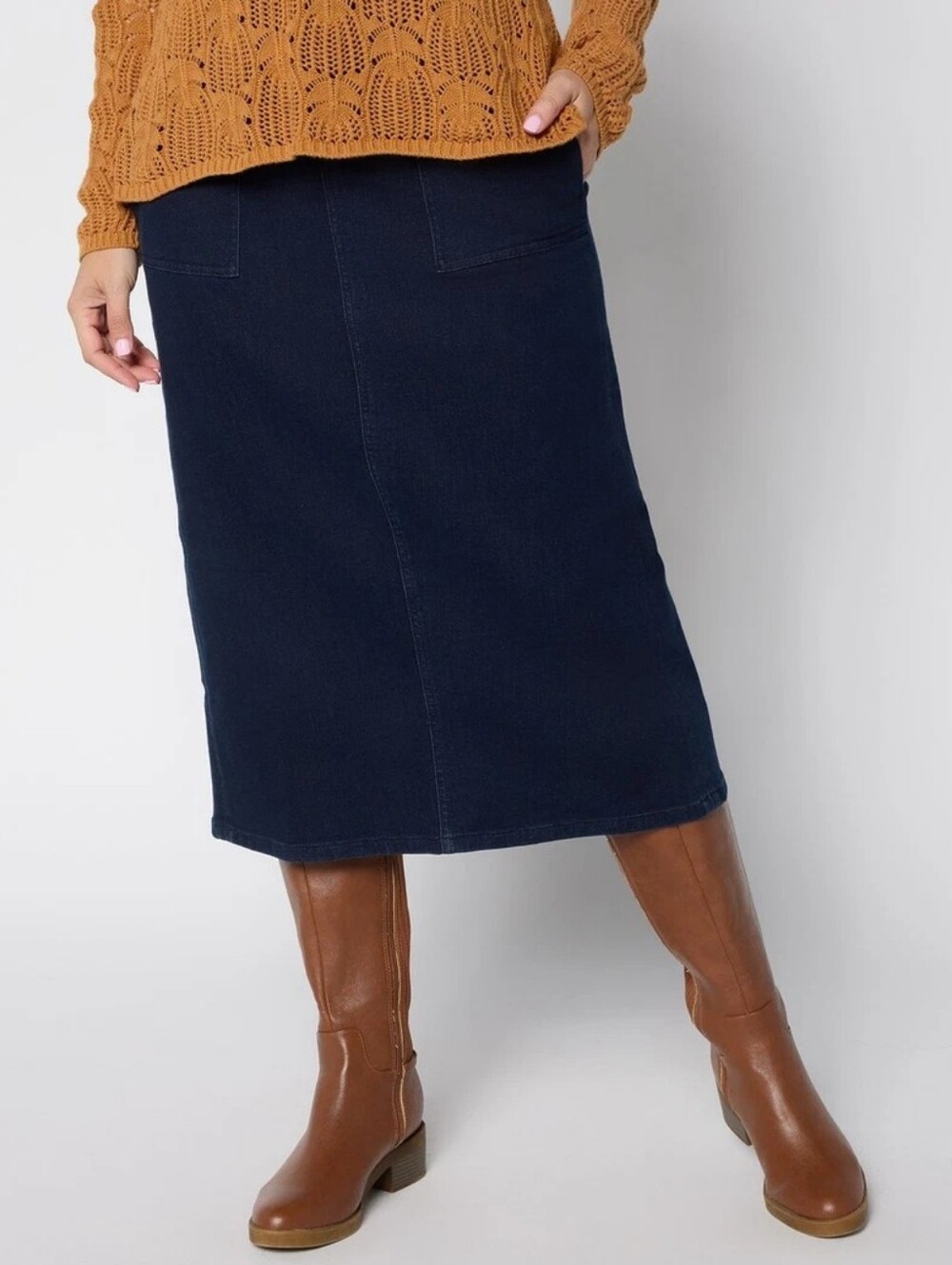 Denim & Co. Regular Easy Stretch Dark Wash Denim Midi Skirt Sz 6
